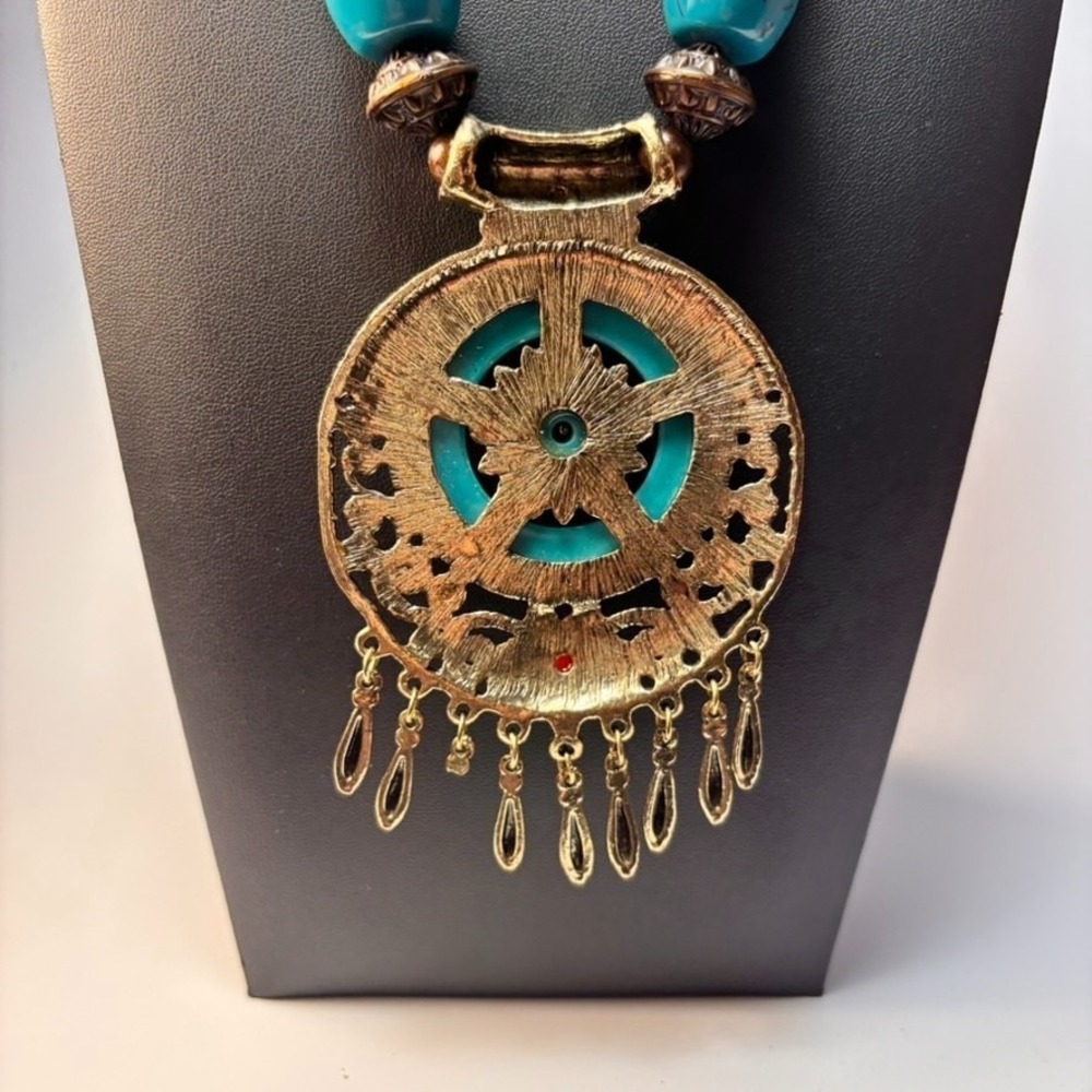 Chunky Vintage Necklace Wood Beads Boho Chunky Blue Resin Pendant - Picture 7 of 10